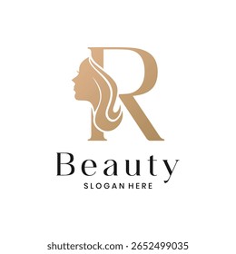 Elegant beauty salon logo with a woman's face silhouette and letter R