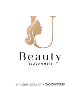 Logotipo elegante salão de beleza com uma silhueta de rosto de mulher e letra U