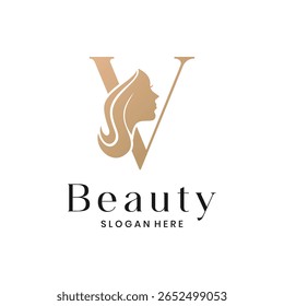 Elegant beauty salon logo with a woman's face silhouette and letter V