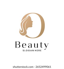 Logotipo elegante salão de beleza com uma silhueta de rosto de mulher e letra O