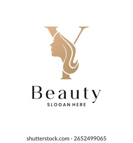 Elegant beauty salon logo with a woman's face silhouette and letter Y