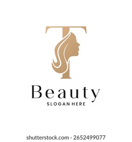 Elegant beauty salon logo with a woman's face silhouette and letter T