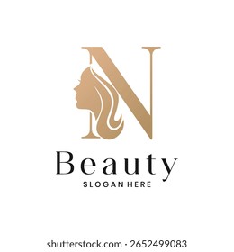 Elegant beauty salon logo with a woman's face silhouette and letter N