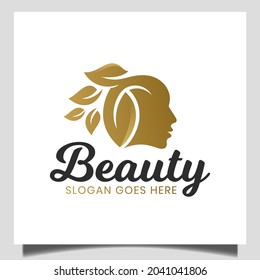 elegant beauty woman face with nature leaf for cosmetics, skin care, nature beauty product logo