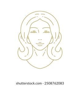 Elegante rosto de mulher de beleza com o cabelo romântico ilustração de vetor de ícone de arte de linha de ouro mínima. Bonito feminino retrato logotipo de luxo insígnias para cabeleireiro cabeleireiro beleza salão de beleza marca cosmética