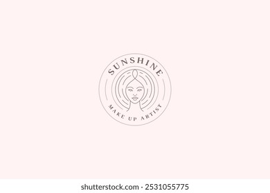 Elegant beauty woman portrait circle line art logo design template for makeup artist vector illustration. Gentle female face minimalist linear logotype skin hair care cosmetic brand cosmetology salon