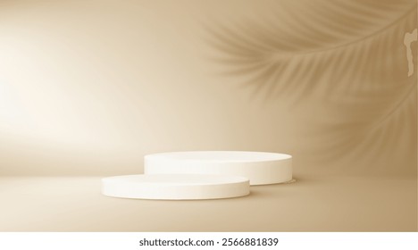 Elegant Beige Aesthetic Background with Minimal Product Display Podium Pedestals and Tropical Palm Leaf Shadows. Vector Illustration