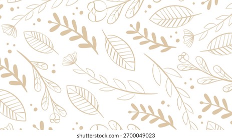 Elegant beige botanical seamless pattern with leaves and floral line art, perfect for fabric prints, wallpapers, and modern decorative backgrounds