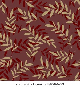 Elegant beige and brown seamless pattern with silhouettes of branches with leaves, natural botanical luxury background for wallpaper, fabric, wrapping paper, texture, simple vector design