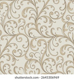 Elegant beige and brown swirling floral scroll pattern seamless background