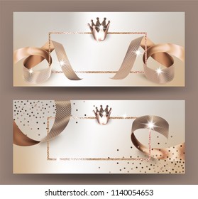 Elegant beige cards with beautiful ribbons, crown. Vector illustration