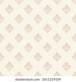 Elegant Beige Damask Seamless Pattern. Vector design for Wallpaper, Fabric, Stationery, Wedding, Packaging, Branding and Interior Design