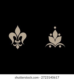 Elegantes Emblemas De Flor De Lis Beige Sobre Fondo Negro Para Diseño Y Decoración De Logotipos Heráldicos