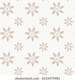 Elegant beige floral seamless pattern with stylized star-shaped flowers on striped background, perfect for wallpaper and textile design