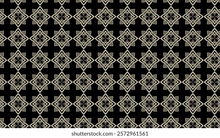 Elegant beige geometric pattern on a black background with symmetrical star shapes.