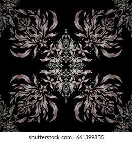 Elegant beige and gray vector template on black background. Realistic abstract seamless pattern. Metallic elements for frame, ribbon, banner, mandalas. Vector gradient seamless texture.