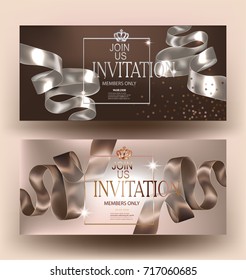 Elegant beige invitation cards with silk curly ribbons and grown. Vector illustration