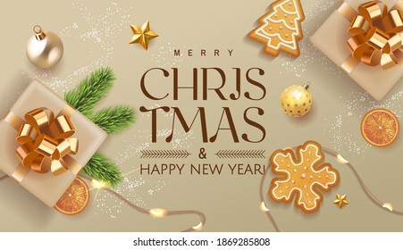 Elegant Beige Luxury Holiday banner Merry Christmas and Happy New Year. Xmas design with realistic festive objects, realistic gift box, fir-tree oranges, gingerbread . Festive horisonlal banner