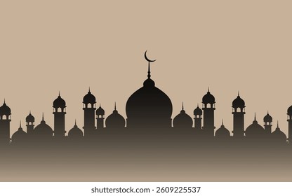 Elegant beige mosque silhouette vector with crescent moon, perfect for Ramadan decorations, Eid themes, and Islamic art. Traditional Muslim architecture design for religious celebrations.