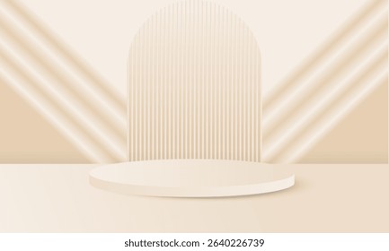Elegant Beige Product Podium Mockup Minimal 3D Stage Scene with Soft Draped Light for Cosmetic, Fashion and Branding Displays" Luxury Fashion Stage Mockup.