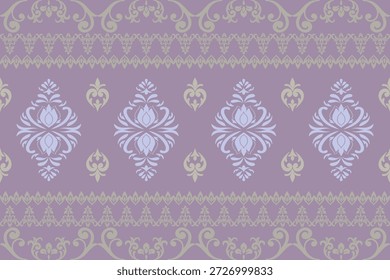 Elegante patrón de damasco beige y púrpura con borde floral ornamental para la decoración interior de lujo. Ilustración vectorial para el diseño textil elegante, alfombra, Fondo de pantalla.	