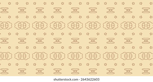 Elegant beige seamless pattern featuring Gemini zodiac symbols, stars, and clouds in soft outlines. Ideal for astrology-themed crafts, prints, or wallpapers.