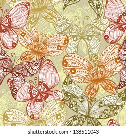 Elegant beige vintage hand drawn seamless background with butterflies