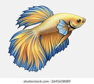 Elegant betta fish illustration with vivid yellow, orange, and blue tones perfect for aquatic-themed decor, digital art, or pet-inspired designs that shine with movement and color.