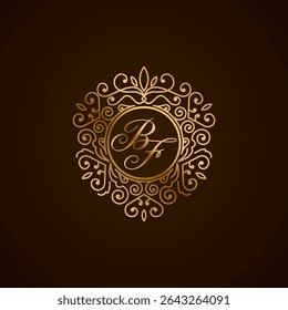 Elegant BF Monogram Logo with Golden Ornamental Frame on Dark Background – Luxury Initial Design