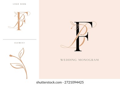 Logotipo elegante del monograma de la boda de BF con los acentos botánicos