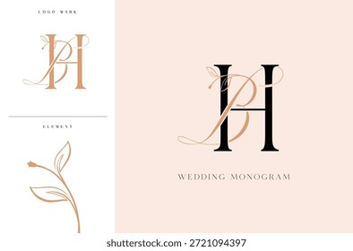 Logotipo elegante del monograma de la boda de BH con los acentos botánicos