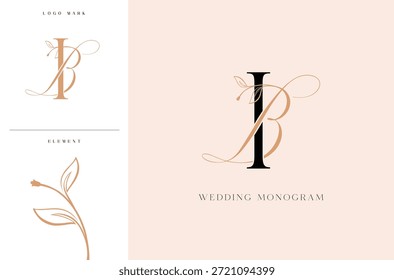 Logotipo elegante del monograma de la boda del BI con los acentos botánicos