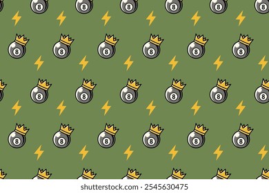 elegant billiard ball with golden crown, thunder bolt pattern on green background. pool black ball with gold crown, lightning object seamless pattern background for billiard decor and merchandise