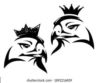 elegant bird head and royal crown - king eagle, hawk or falcon black and white evctor outline portrait