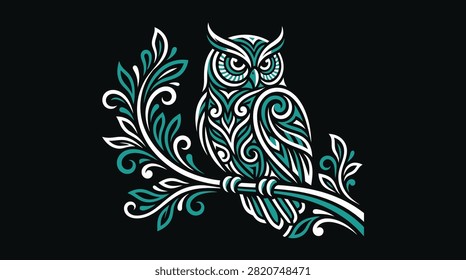 Elegant bird illustration featuring decorative teal leaf patterns on a dark background for boutique branding.
