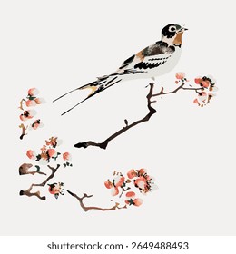 Elegant bird illustration on a branch with delicate flowers. Bird and flowers in a soft, artistic style. Perfect for nature-themed designs and decor. Vintage flower illustration vector.