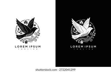 Ilustraciones de pájaros elegantes con patrones florales sobre fondos contrastantes