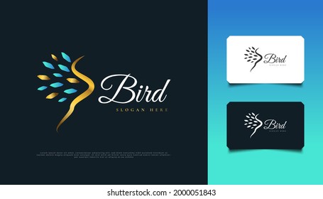 Elegant Bird Logo in Blue and Gold with Abstract Style. Luxury Flying Bird Logo Design