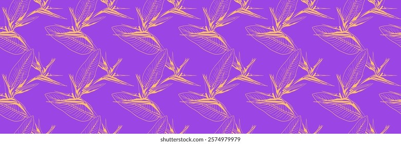 Elegant bird of paradise flower pattern on vibrant purple background.  Perfect for textile prints, wallpaper, or website design.  Stylish line art creates a sophisticated, modern aesthetic.