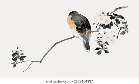 Elegant bird perched on a branch with delicate flowers. The bird's feathers and the branch create a harmonious and serene composition in a minimalist style. Animal illustration vector.