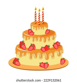 Elegant birthday cake vector illustration. Cake with Strawberry decor and candles isolated on white background. Pastry, party, bakery, dessert concept