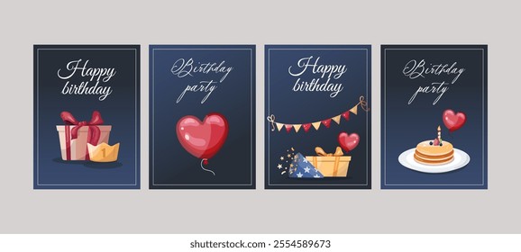 Elegant birthday card designs with balloons, cakes, and decorations