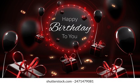 Elegant Birthday Celebration Background Featuring Black Balloons and Red Gift Boxes with Festive Lights, Perfect for Sophisticated Parties. Vector Illustration.