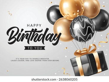 Elegant Birthday Clipart Card with Floating Giftbox, Balloons and Festive Gold Ribbons. Minimalist Birthday Greeting Design with Gold and Black Balloons and Gift Box Vector Illustration.