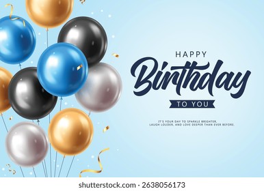 Elegant birthday greeting card clipart design. Stylish birthday greeting with metallic balloons and confetti vector illustration. Birthday greeting text with realistic balloons in blue background. 