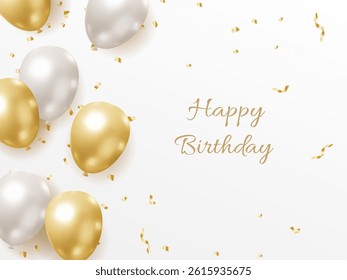Elegant Birthday Greeting Card - Style Illustration with Gold and Silver Balloons and Confetti, Displaying the Text "Happy Birthday to You" in a Graceful Font on a White Background