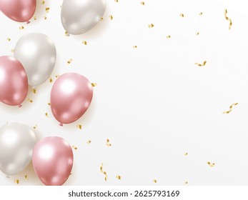 Elegant Birthday Greeting Card - Style Illustration with pink and Silver Balloons and Confetti, Displaying the Text "Happy Birthday to You" in a Graceful Font on a White Background