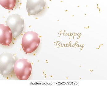 Elegant Birthday Greeting Card - Style Illustration with pink and Silver Balloons and Confetti, Displaying the Text "Happy Birthday to You" in a Graceful Font on a White Background