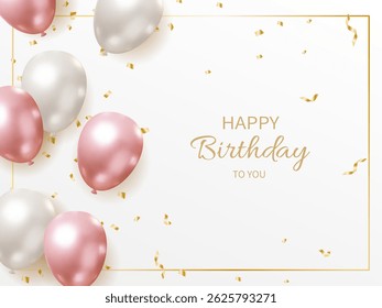 Elegant Birthday Greeting Card - Style Illustration with pink and Silver Balloons and Confetti, Displaying the Text "Happy Birthday to You" in a Graceful Font on a White Background