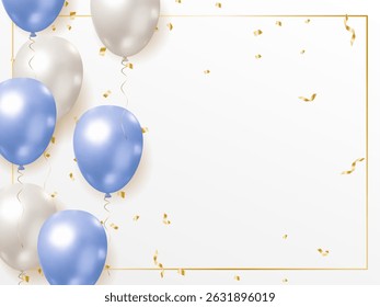 Elegant Birthday Greeting Card - Style Illustration with blue and Silver Balloons and Confetti, Displaying the Text "Happy Birthday to You" in a Graceful Font on a White Background